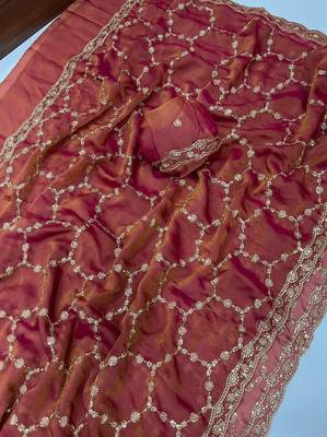 Pink Color Sequence embroidery work with Cut  work border art silk saree 1