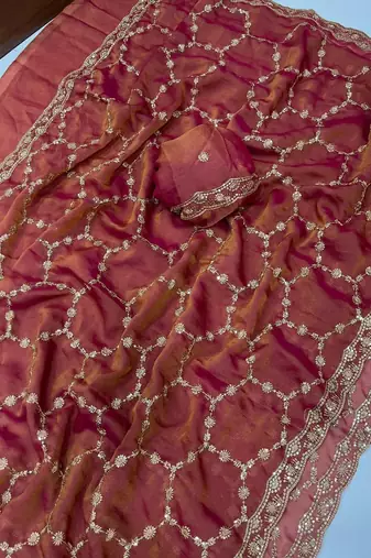 Pink Color Sequence embroidery work with Cut  work border silk Saree
