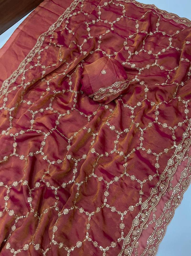 Pink Color Sequence embroidery work with Cut  work border silk Saree