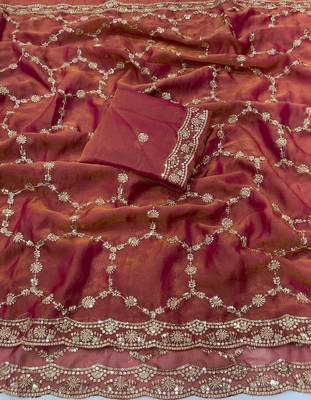 Pink Color Sequence embroidery work with Cut  work border art silk saree 3
