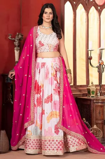 White &Pink Embroidered Lehenga