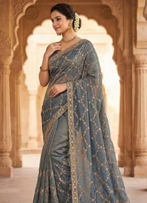 Sky Blue Color Sequence embroidery work with Cut  work border art silk saree 1