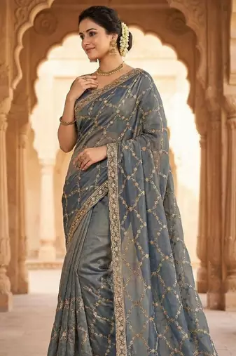 Sky Blue Color Sequence embroidery work with Cut  work border silk Saree