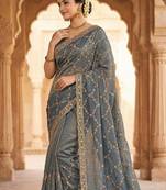 Sky Blue Color Sequence embroidery work with Cut  work border silk Saree