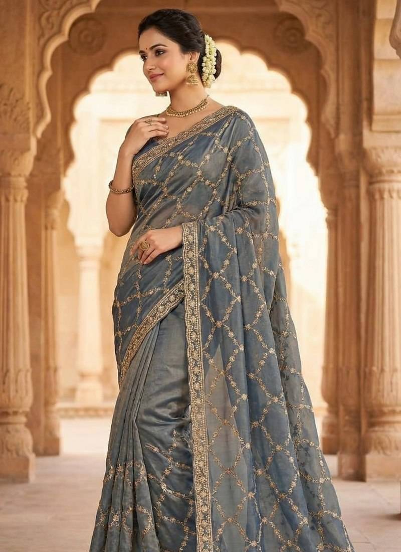 Sky Blue Color Sequence embroidery work with Cut  work border silk Saree