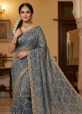 Sky Blue Color Sequence embroidery work with Cut  work border art silk saree 2