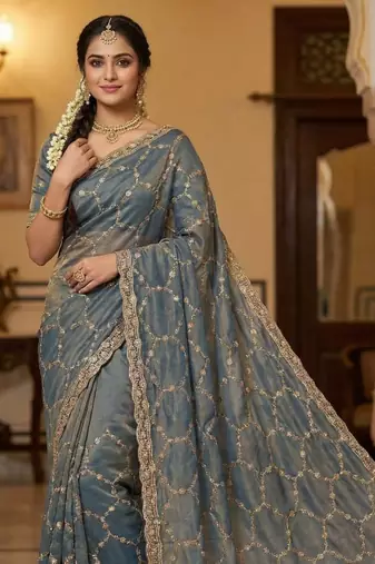Sky Blue Color Sequence embroidery work with Cut  work border art silk saree