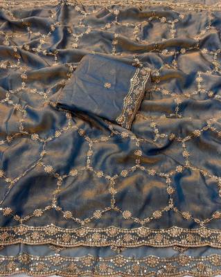 Sky Blue Color Sequence embroidery work with Cut  work border art silk saree 5