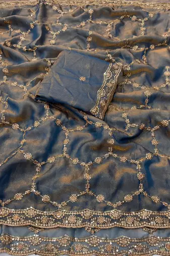 Sky Blue Color Sequence embroidery work with Cut  work border art silk saree