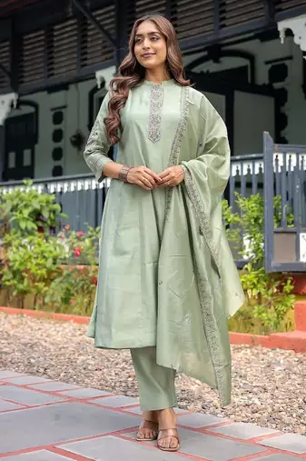 Women's muslin silk floral embroidered pista kurta pant set with chanderi dupatta | anarkali style salwar kameez
