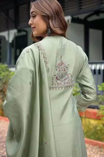 Women's muslin silk floral embroidered pista kurta pant set with chanderi dupatta | anarkali style salwar kameez