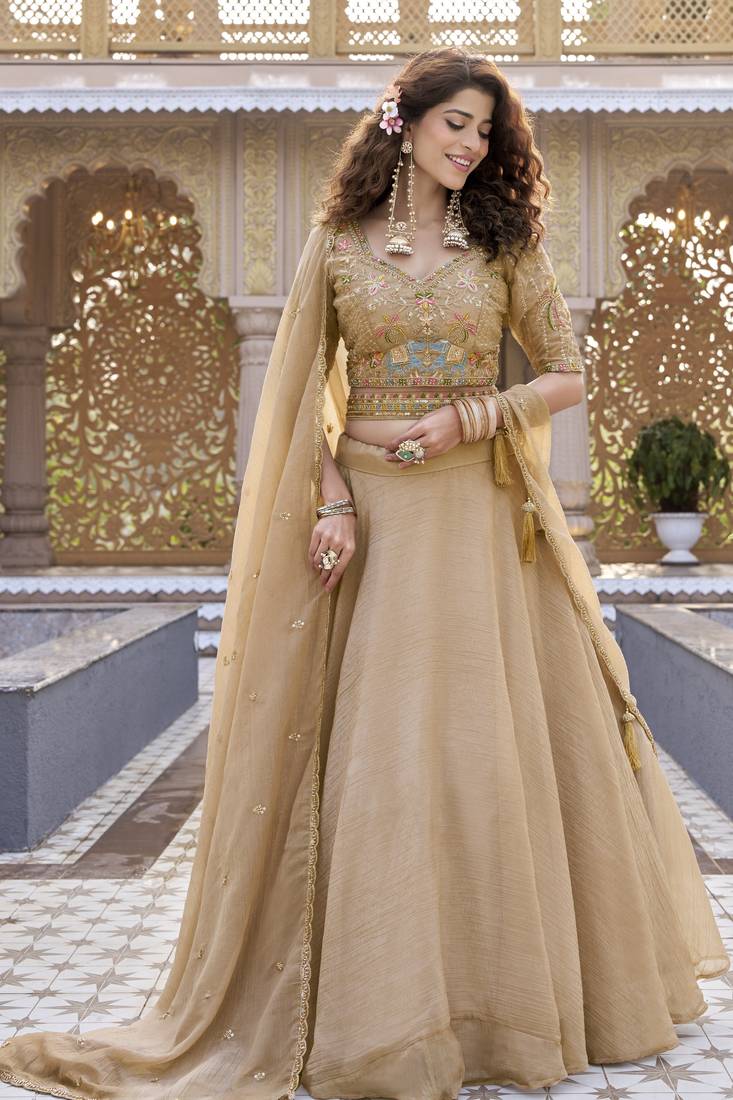 CHIKU Heavy Embroidery Moti & Sequin Work Pure Crunchy Lehenga Choli with Dupatta | Wedding & Festive Wear