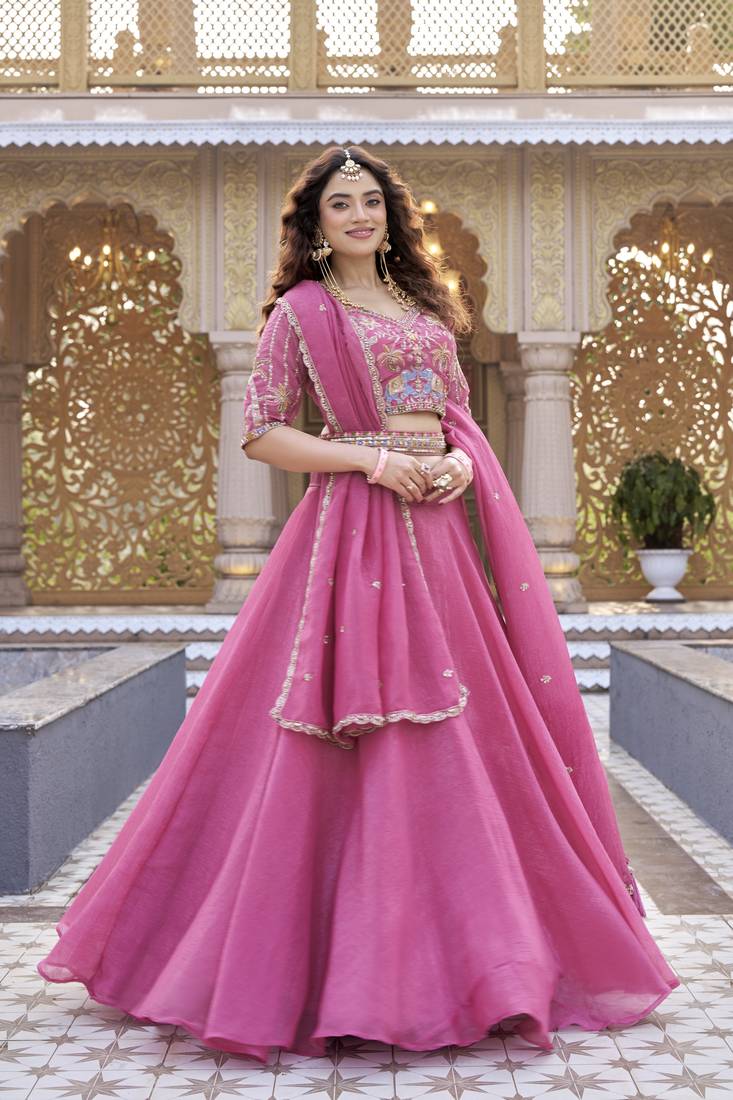 PINK Heavy Embroidery Moti & Sequin Work Pure Crunchy Lehenga Choli with Dupatta | Wedding & Festive Wear