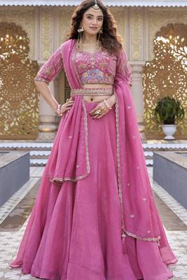PINK Heavy Embroidery Moti & Sequin Work Pure Crunchy Lehenga Choli with Dupatta | Wedding & Festive Wear 2