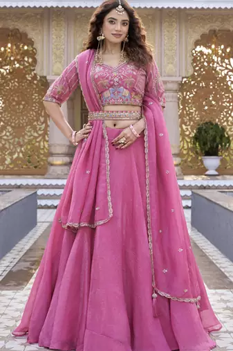 PINK Heavy Embroidery Moti & Sequin Work Pure Crunchy Lehenga Choli with Dupatta | Wedding & Festive Wear