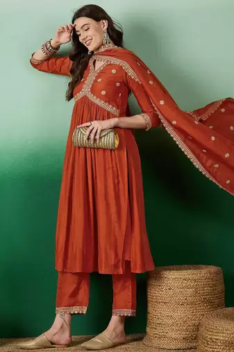 Women's muslin silk floral embroidered orange kurta pant set with muslin dupatta