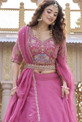 PINK Heavy Embroidery Moti & Sequin Work Pure Crunchy Lehenga Choli with Dupatta | Wedding & Festive Wear 3