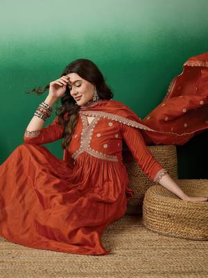 Women's muslin silk floral embroidered orange kurta pant set with muslin dupatta 4