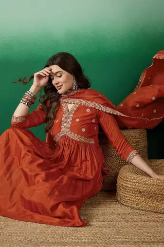 Women's muslin silk floral embroidered orange kurta pant set with muslin dupatta