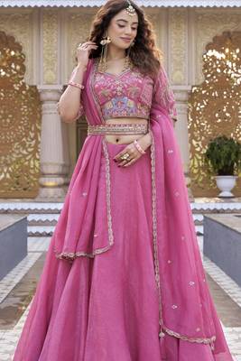 PINK Heavy Embroidery Moti & Sequin Work Pure Crunchy Lehenga Choli with Dupatta | Wedding & Festive Wear 4