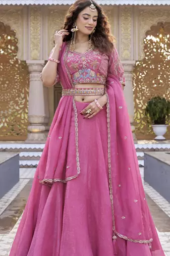 PINK Heavy Embroidery Moti & Sequin Work Pure Crunchy Lehenga Choli with Dupatta | Wedding & Festive Wear
