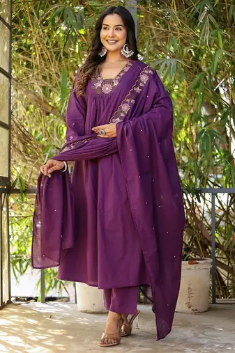 Women's rayon silk floral embroidered purple kurta pant set with chanderi dupatta