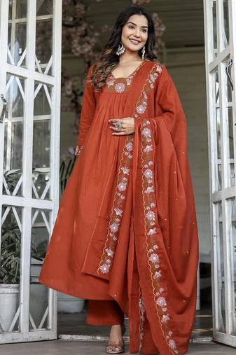 Women's rayon silk floral embroidered orange kurta pant set with chanderi dupatta
