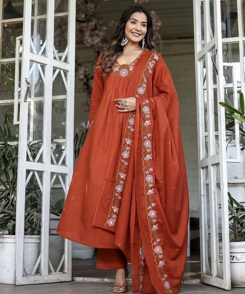 Women's rayon silk floral embroidered orange kurta pant set with chanderi dupatta