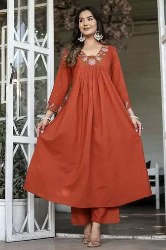 Women's rayon silk floral embroidered orange kurta pant set with chanderi dupatta