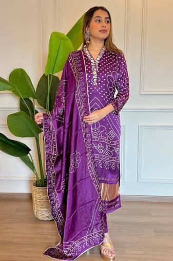 Women's viscose silk embroidered printed purple kurta pant set with chanderi dupatta