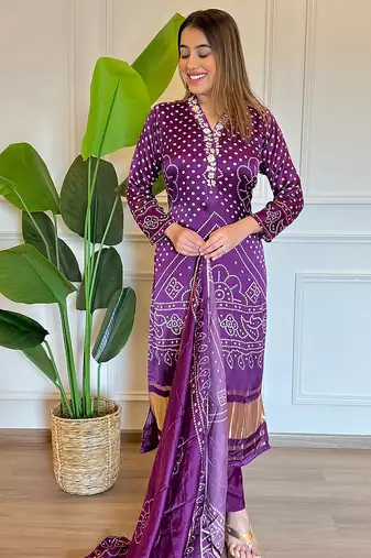 Women's viscose silk embroidered printed purple kurta pant set with chanderi dupatta