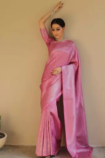 Pink silk blend banarasi jaquard designer saree with blouse