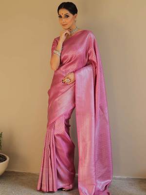 Pink silk blend banarasi jaquard designer saree with blouse 3