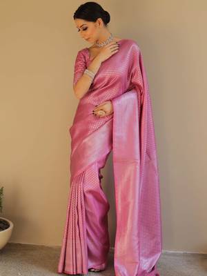 Pink silk blend banarasi jaquard designer saree with blouse 4