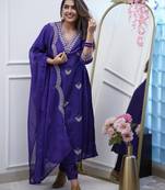 Women's chanderi silk embroidered royal blue kurta pant set with chanderi dupatta