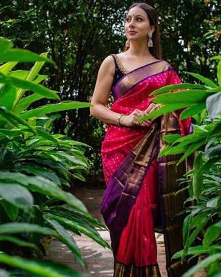 Rani pink silk blend banarasi jaquard designer saree with blouse 2