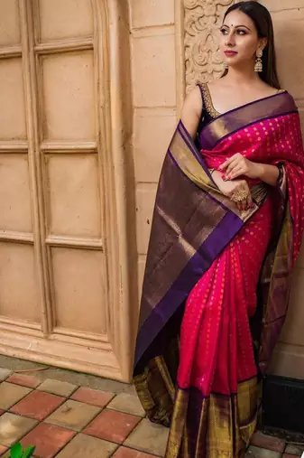 Rani pink silk blend banarasi jaquard designer saree with blouse