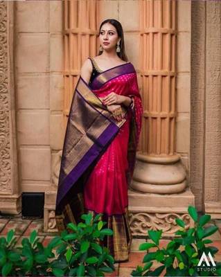 Rani pink silk blend banarasi jaquard designer saree with blouse 4