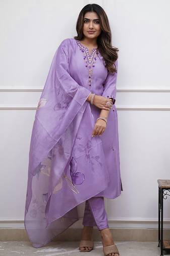 Women's rayon silk embroidered lavender kurta pant set with chanderi dupatta