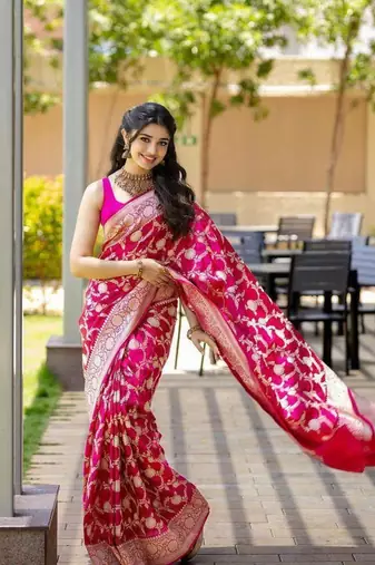 Rani pink silk blend banarasi jaquard designer saree with blouse