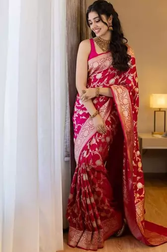 Rani pink silk blend banarasi jaquard designer saree with blouse