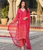 Women's chinon silk floral embroidered peach kurta pant set with nazneen dupatta