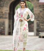 Women's georgette floral embroidered white kurta pant set with georgette dupatta