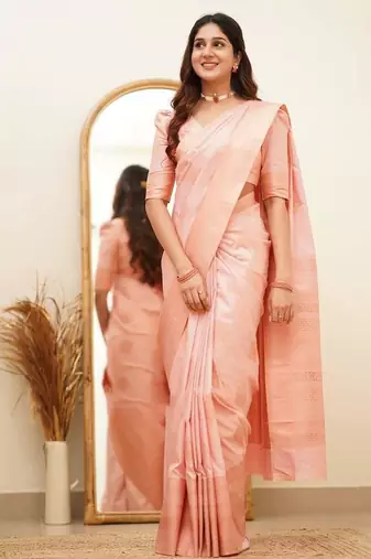 Peach silk blend banarasi jaquard designer saree with blouse