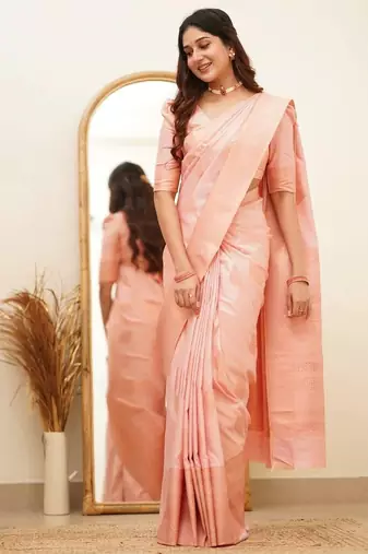 Peach silk blend banarasi jaquard designer saree with blouse