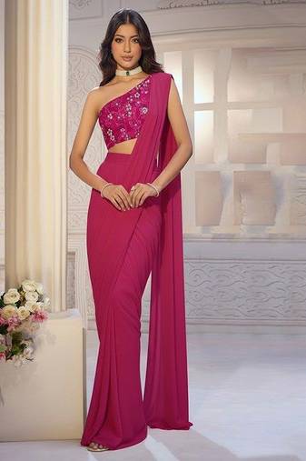 Magenta pink net pre draped saree set