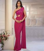 Magenta pink net pre draped saree set