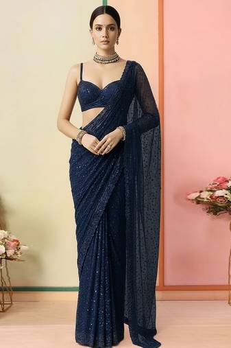 Blue embroidered net pre draped saree set