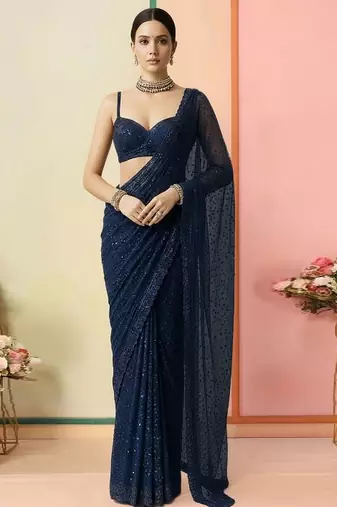 Blue embroidered net pre draped saree set