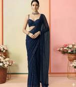 Blue embroidered net pre draped saree set